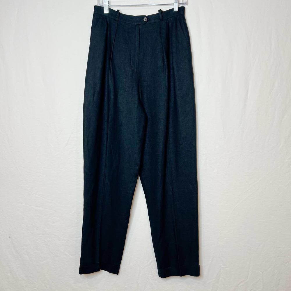 Lauren Ralph Lauren Baggy Linen Trousers Sz 10 Black Lined Cuffed Pleats Pants